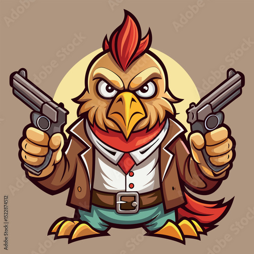 Cartoon Rooster Mascot Holding Revolvers, Dressed in Western Style Clothing with Backdrop