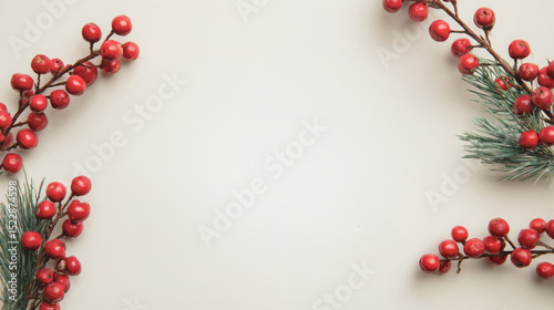 Christmas Joy red berries and pine branches on a white background..
