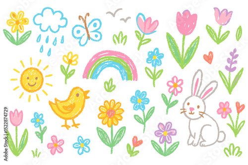 Springtime doodles with whimsical sun flowers tulips and rainbow creating a cheerful and playful vibe