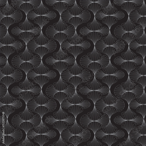 Seamless white and black geometric pattern with radiating lines forming elegant, repeating shapes.