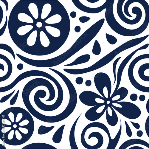 A floral motifs and wavy lines in shades of dark blue