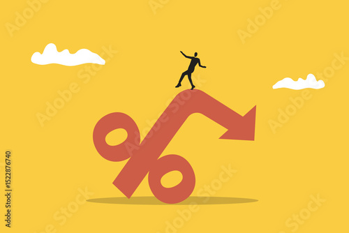 Businessman on percentage sign with falling down. concept of Inflation or interest rate falling down, decrease, profit fall in economic recession