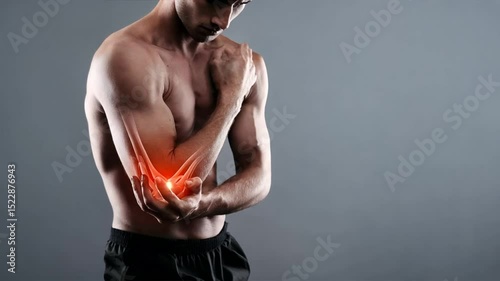 Man showing elbow pain in his arm, red glow highlights joint injury on grey background, showing discomfort from joint pain