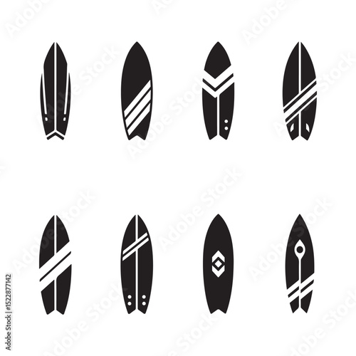 vector icon set of stylish black surfboards isolated on white background for design and illustration