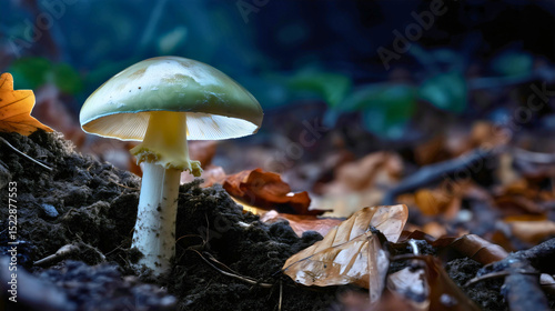 A single, deadly Amanita phalloides mushroom hidden amongst fallen autumn leaves, a beautiful yet ominous warning on the woodland floor, a close-up of a subtle and poisonous fungi
