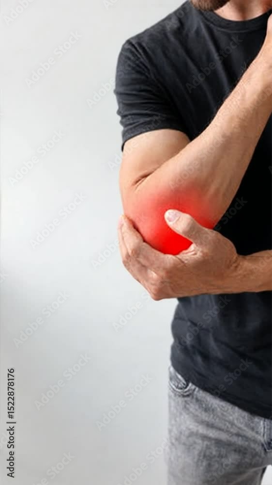 Man holding his arm with red pain spot on elbow against white background, showing clear concept of joint injury and elbow pain