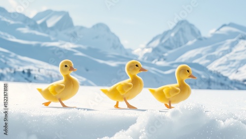 Three yellow ducklings waddling through the snow, with snowy mountains in the background.