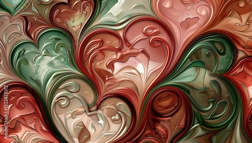 3D render of an abstract background with hearts and swirls in red, green, and beige colors.