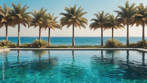 A scenic pool with palm trees in the background with empty copy space for text.