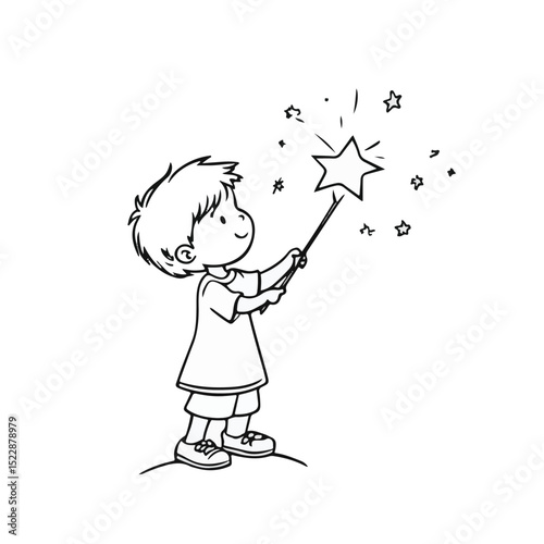 Vector hand drawn fairy with wings and a magic wand in her hand. A tooth fairy in a dress, shoes with pink hair floating in the air.