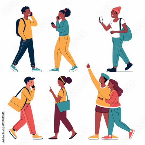 Diverse People Walking and Using Smartphones: A vibrant collection of diverse young adults, stylishly dressed, navigating city streets while using smartphones.