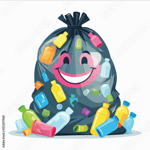 A transparent trash bag with a smiling face and filled with visible colorful recyclables like bottles and paper