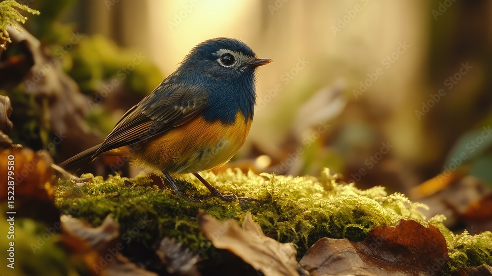 Fototapeta premium Colorful bird perched on moss in autumn forest
