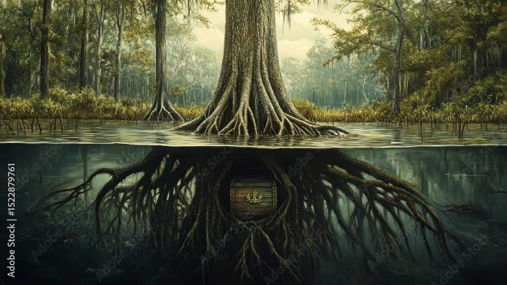 Sunken treasure chest hidden beneath cypress tree roots in a swamp.