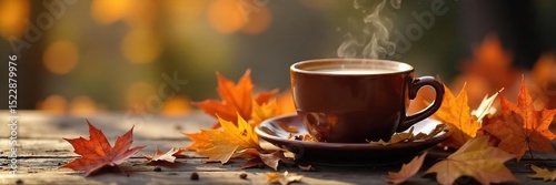 A steaming mug of coffee sits on a rustic wooden table, surrounded by autumn leaves, providing a cozy and comforting scene perfect for a fall-themed coffee break , red, afternoon