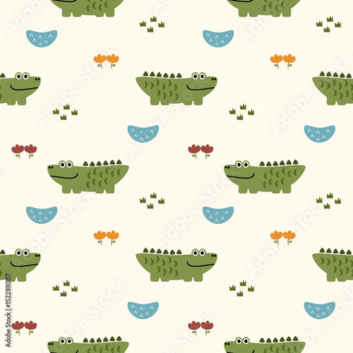 Crocodile cartoon so cute. On flower swamp grass background. Pattern seamless vector illustration. 