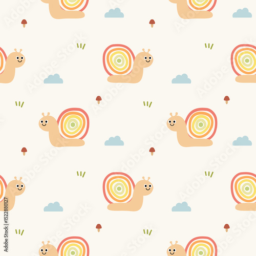 Snail cartoon so cute. On mushrooms grass cloud background. Pattern seamless vector illustration. 