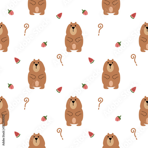 Bear confused cartoon so cute. On watermelon strawberry background. Pattern seamless vector illustration. 