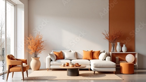 Modern living room interior design orange white decor