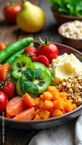 A wholesome spread of fruits, vegetables, and whole grains; a balanced and nutritious meal reflecting the principles of the granny diet , dietary habits, fruits, granny diet