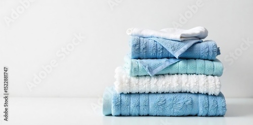 Freshly laundered clothes, soft and fluffy, neatly folded on a bright white background A stack of clean towels and shirts shows the ultimate in laundry freshness , stain removal, white, cotton