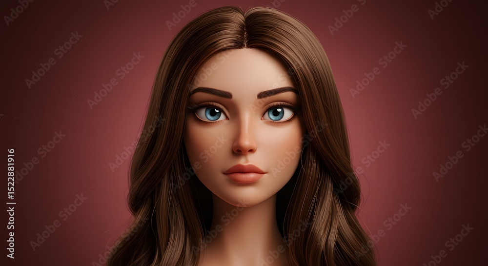 Fototapeta premium Cartoon Woman with Long Brown Hair and Blue Eyes