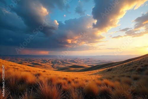 Epic panoramic vista of a vast, rolling landscape under a dramatic sky Perfect for travel, nature, and adventure projects The image evokes a sense of freedom and vastness , field, landscape