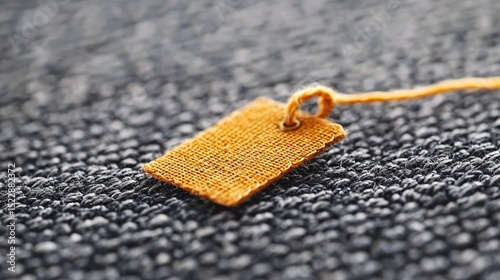 Yellow Fabric Tag Sewn on Textured Gray Clothing