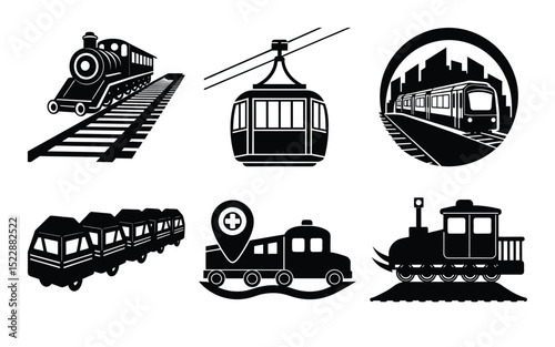 Collection of Vintage Train and Transportation Icons Steam Locomotive, Cable Car, Subway, and More