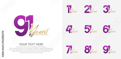 Anniversary logo set vector design, purple and gold color for celebration event