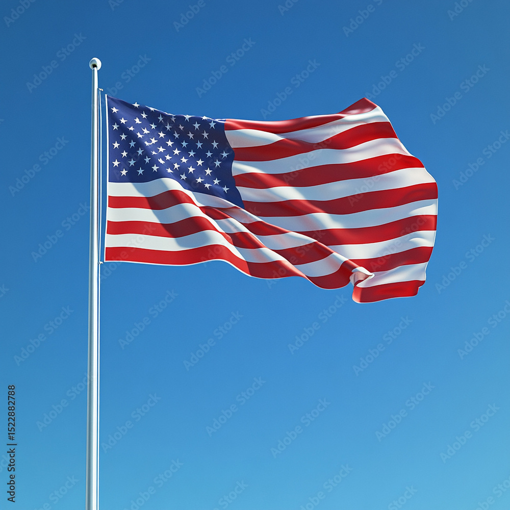 Obraz premium American Flag Waving Proudly Against a Clear Blue Sky on Metal Pole, Stars and Stripes