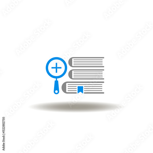 Vector illustration of books and magnifier with medical pharmaceutical plus sign. Icon of medicine pharmacy directory of diseases, medicines. Symbol of common illnesses.