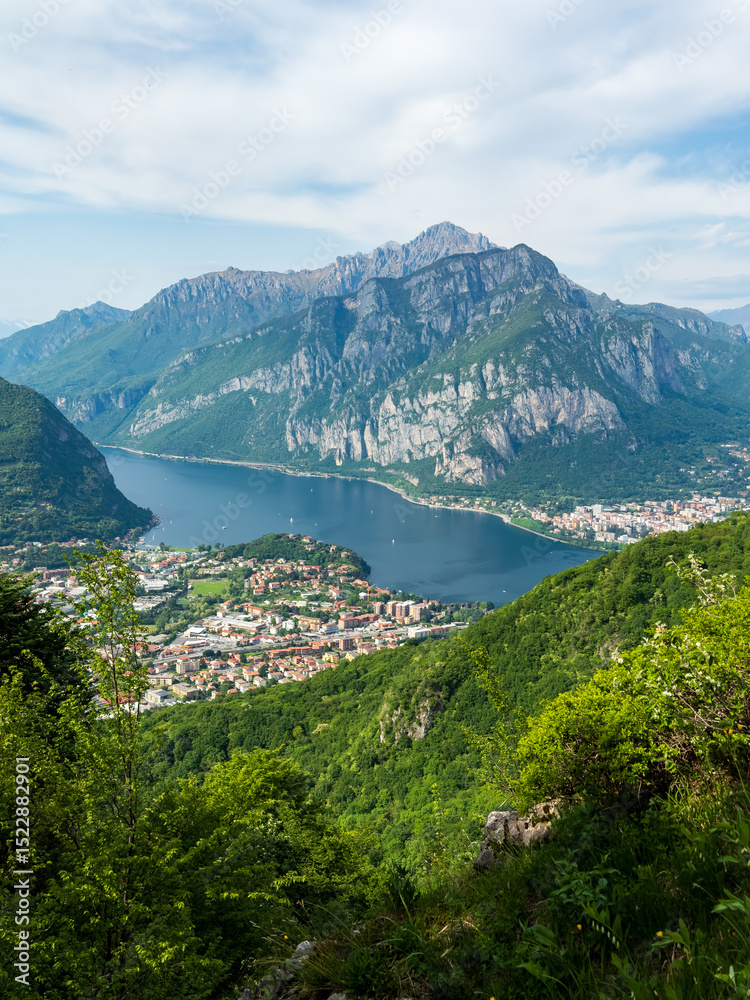 Fototapeta premium panoramic view of Lake Lecco and the top of the southern Grigna from Monte Barro