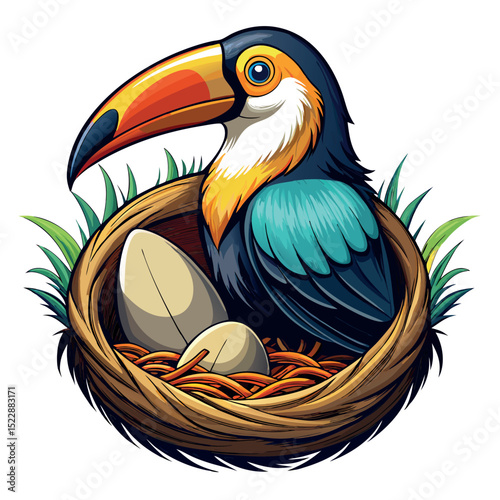 Cartoon Toucan Nesting with Eggs, Colorful Bird Illustration with Greenery