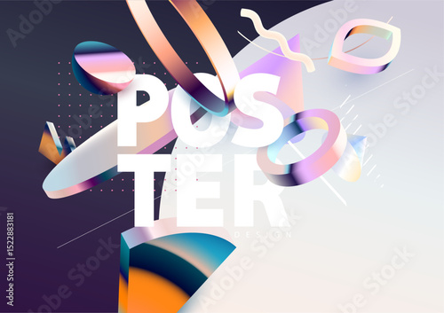  Glass 3D geometric shapes in retro style. Abstract vintage poster design