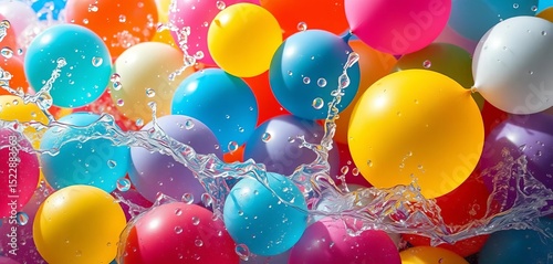 Close-up vibrant, water-logged balloons tossed; splashing, colorful, joyful energy,   child's play,   activity