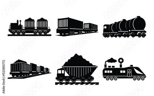 Collection of Black and White Train and Freight Car Icons