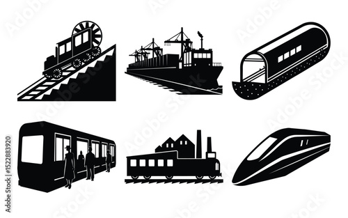 Collection of Transportation Icons Trains, Ships, and Tunnels