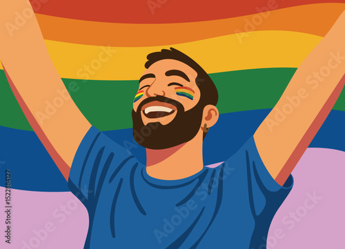 Happy man with pride flag and rainbow face paint celebrating LGBTQ+ rights