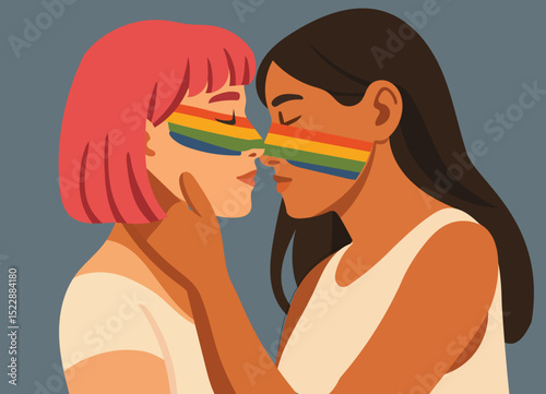 LGBTQ+ couple with rainbow face paint sharing an intimate moment