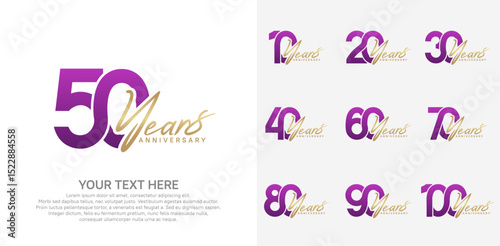 Anniversary logo set vector design, purple and gold color for celebration event