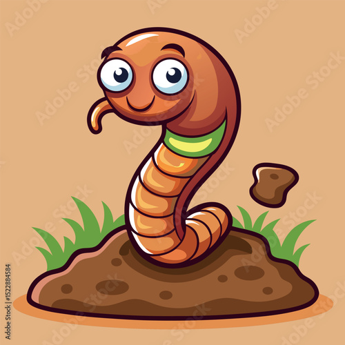 Cartoon Worm Emerging from Soil Mound with Happy Expression and Green Grass