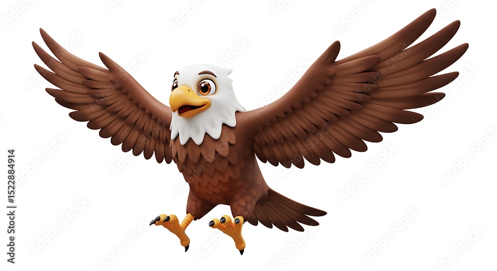 Obraz premium Cartoon Bald Eagle Flying with Wings Spread on White