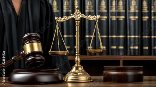 Judge's gavel, scales of justice, legal books background. Stock photo for legal themes photo