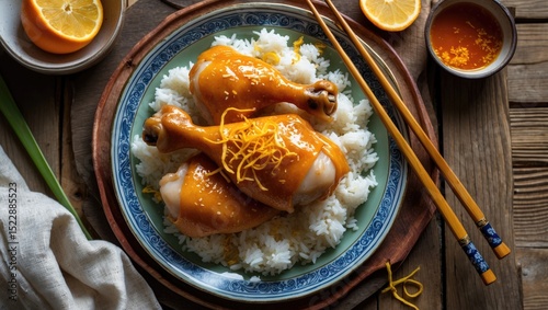 American-Chinese cuisine, orange chicken with boiled rice and zest on a vintage plate and chopsticks, wooden table, top view photo