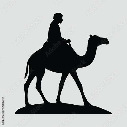 Silhouette man riding camel on sand flat design vector illustration