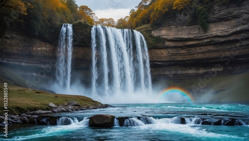 Amazing waterfall with cascading water and a rainbow, surrounded by lush forest and rock formations.