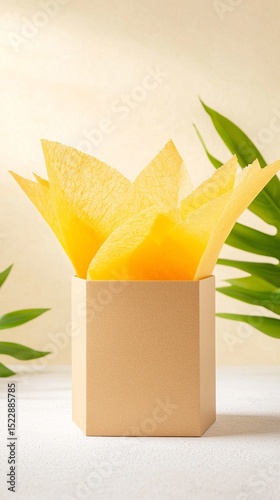 Yellow Paper Gift Box Mockup with Crinkle Filler and Tropical Leaves