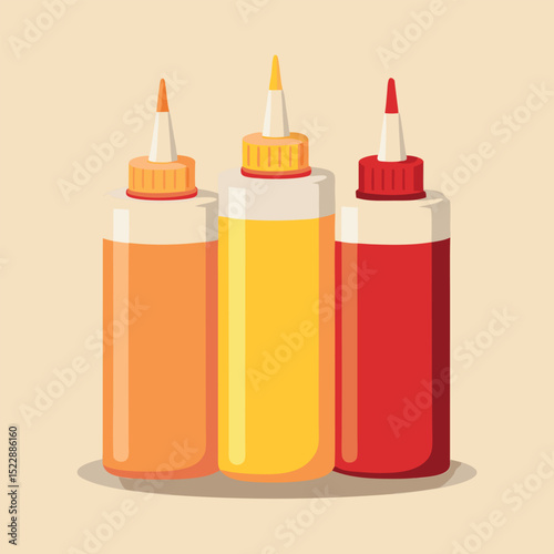 CartoonStyle Condiment Squeeze Bottles Ketchup, Mustard, and Relish, Illustration for Culinary Arts