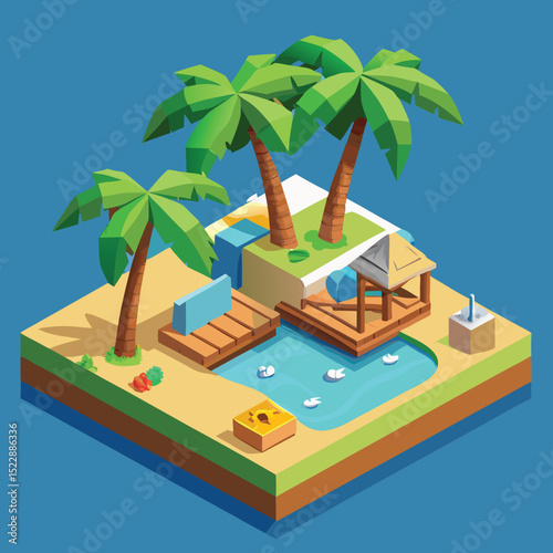 3D Isometric Island With Palm Trees And Boat Dock
